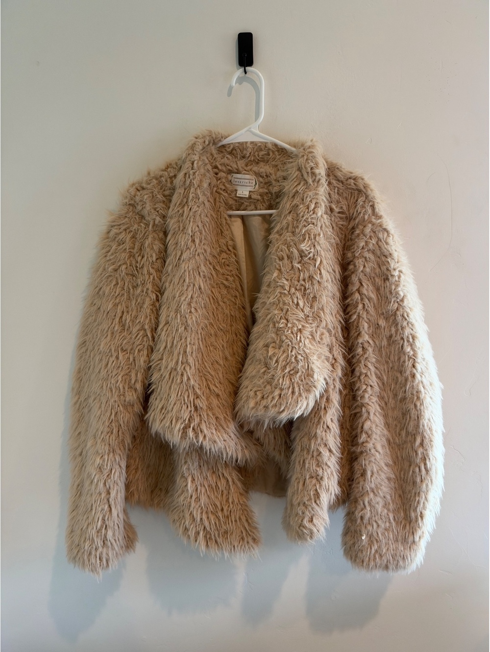 Loveriche Large Beige Shaggy Faux Fur Jacket Boho Teddy Coat